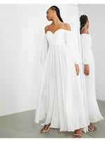 MAYA OFF SHOULDER BLOUSON SLEEVE CHIFFON WEDDING DRESS