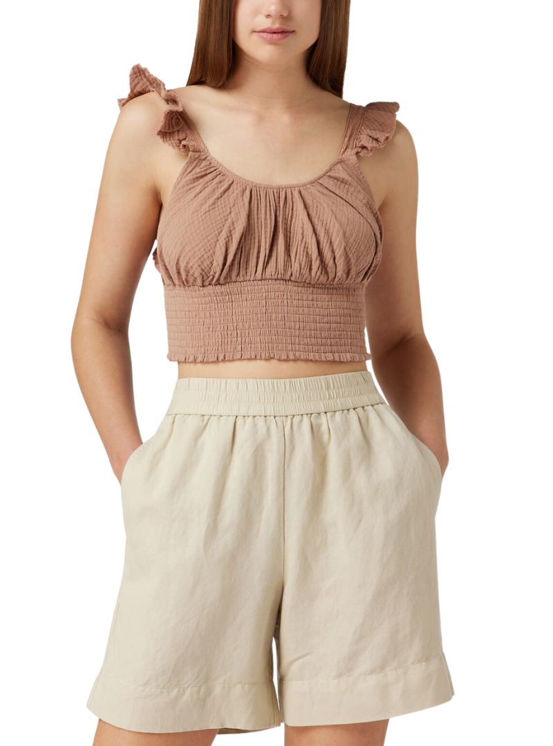TEXTURED LINEN FRILL CROPPED TOP