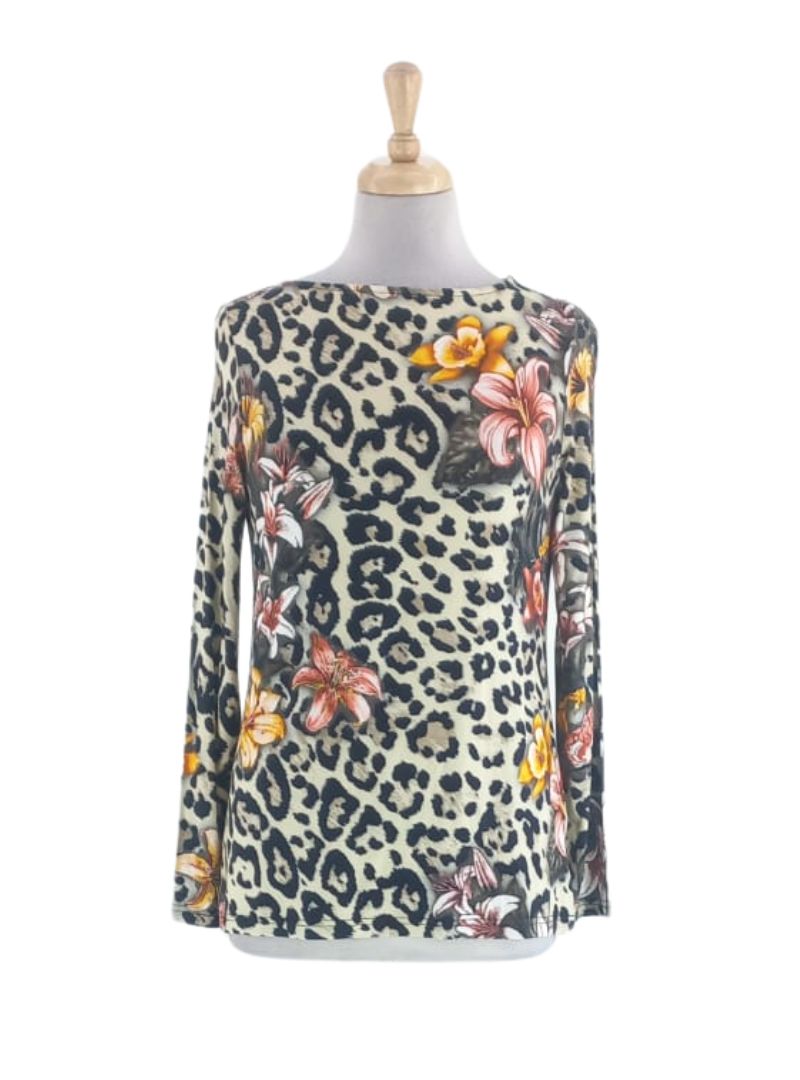 FLORAL ANIMAL PRINT DETAILED LONG SLEEVE TOP