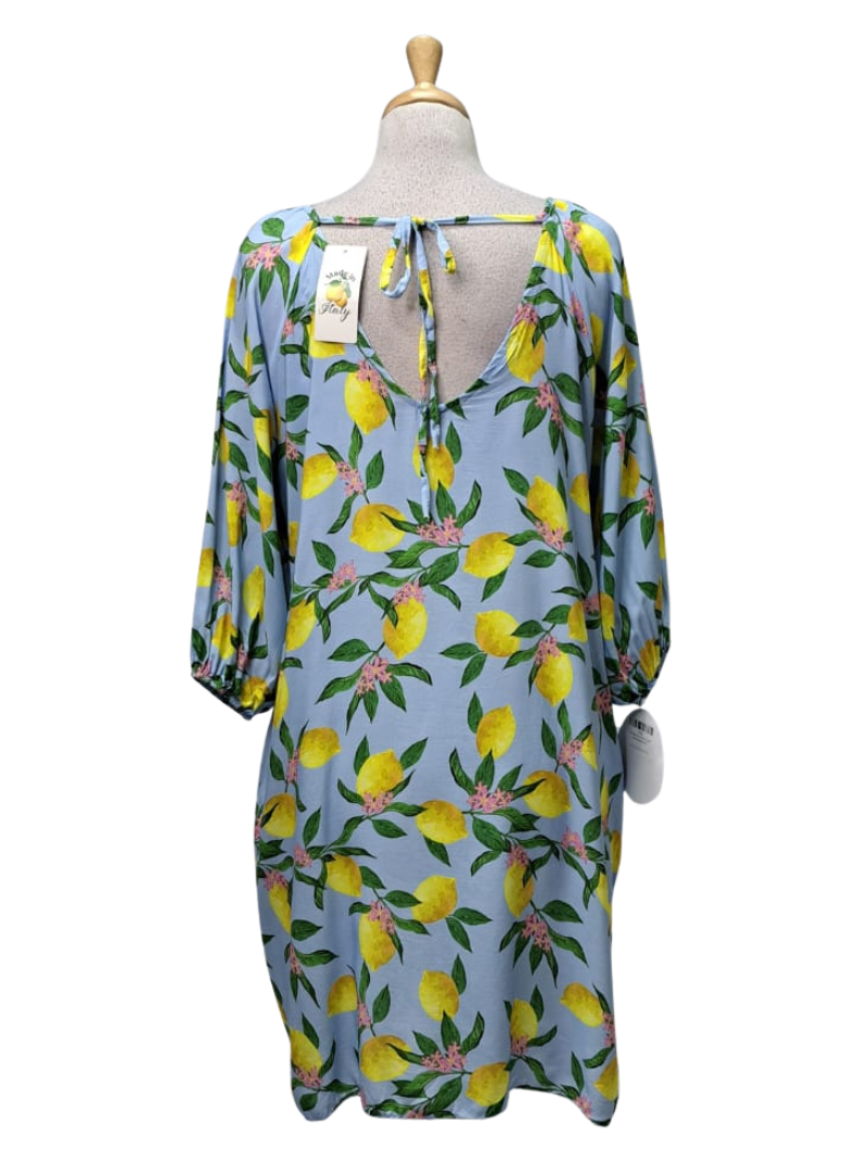 Made In Italy Lemon Printed Wisteria Ladies Dress - Blue