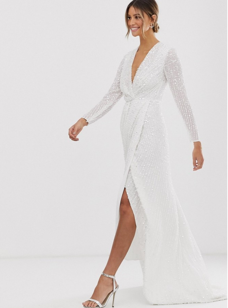 ALEXA SEQUIN LONG SLEEVE WRAP WEDDING DRESS
