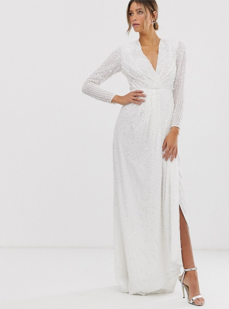ALEXA SEQUIN LONG SLEEVE WRAP WEDDING DRESS