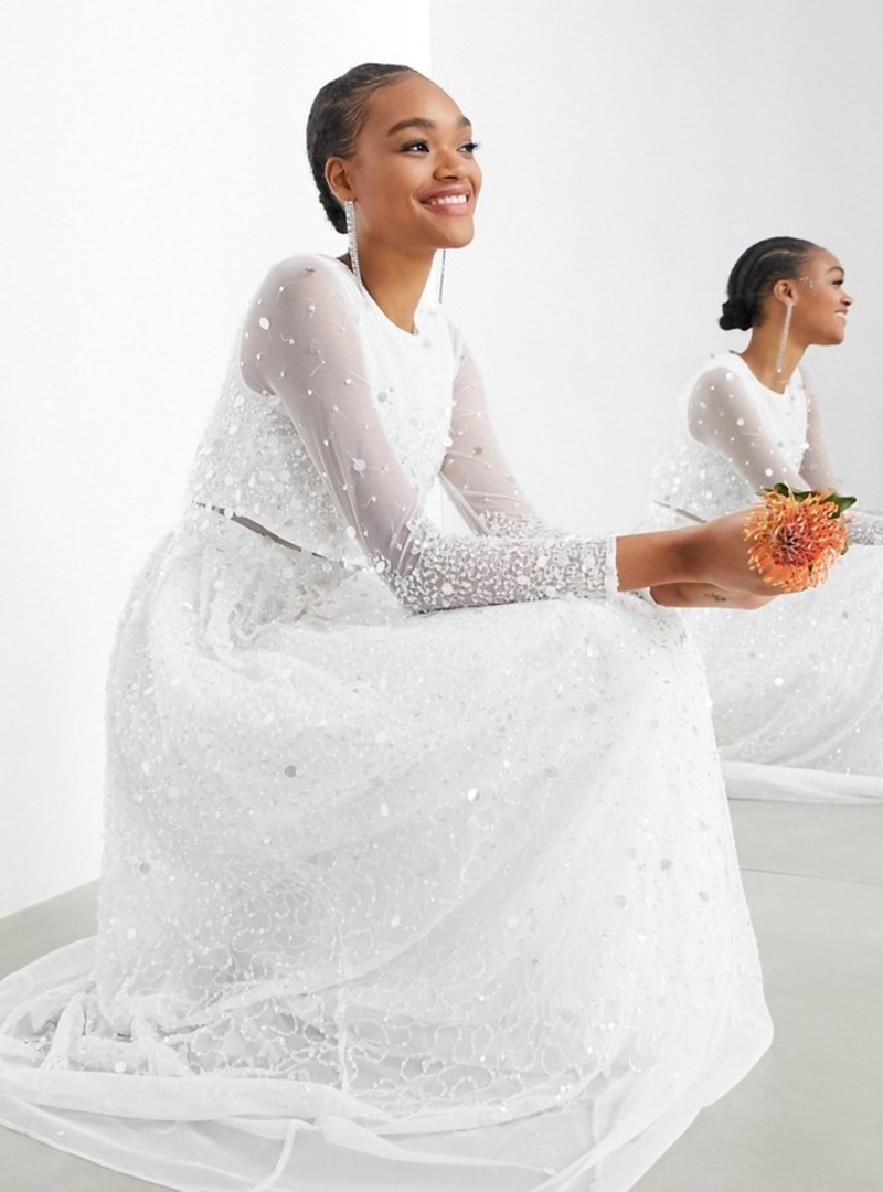 MARIE SCATTER SEQUIN CROP TOP WEDDING DRESS IVORY