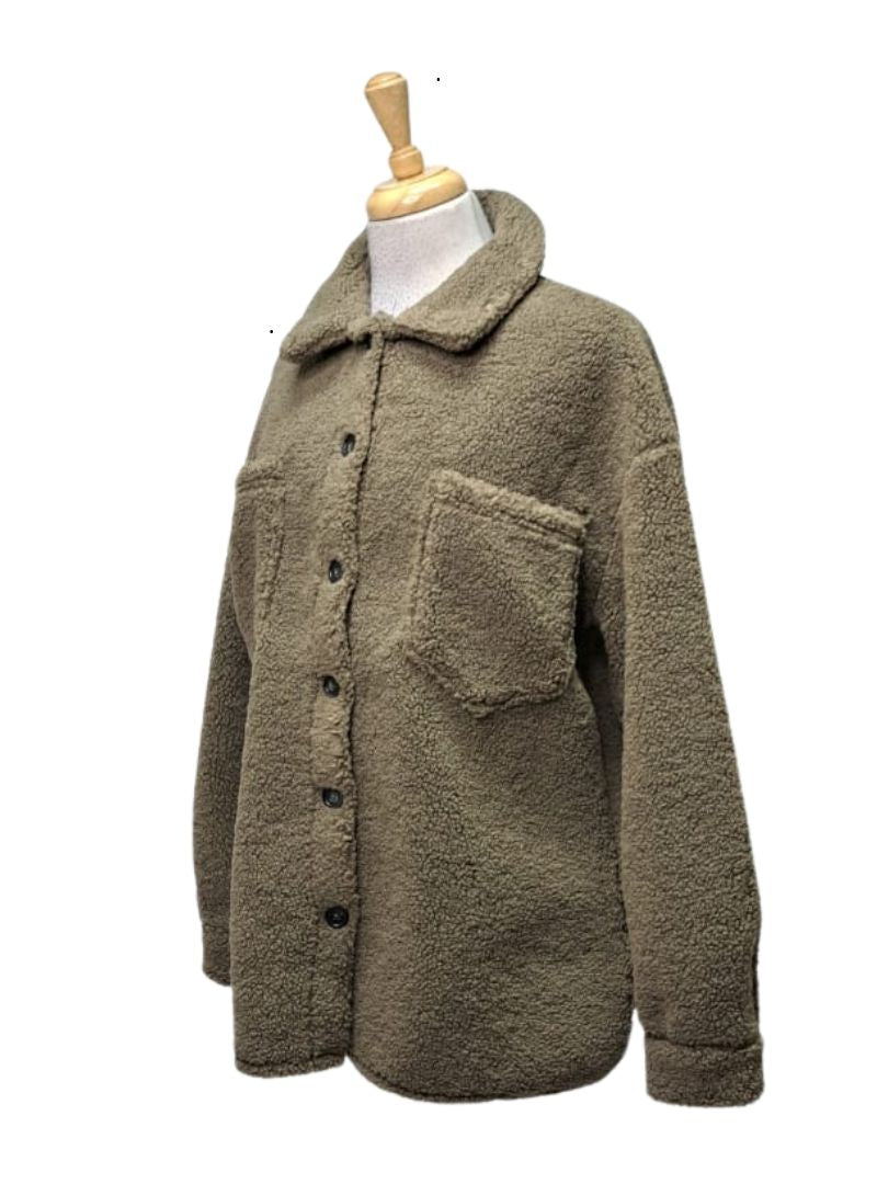 Basicapparel Ladies Buttoned Up Teddy Coat - Brown