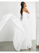 MAYA OFF SHOULDER BLOUSON SLEEVE CHIFFON WEDDING DRESS