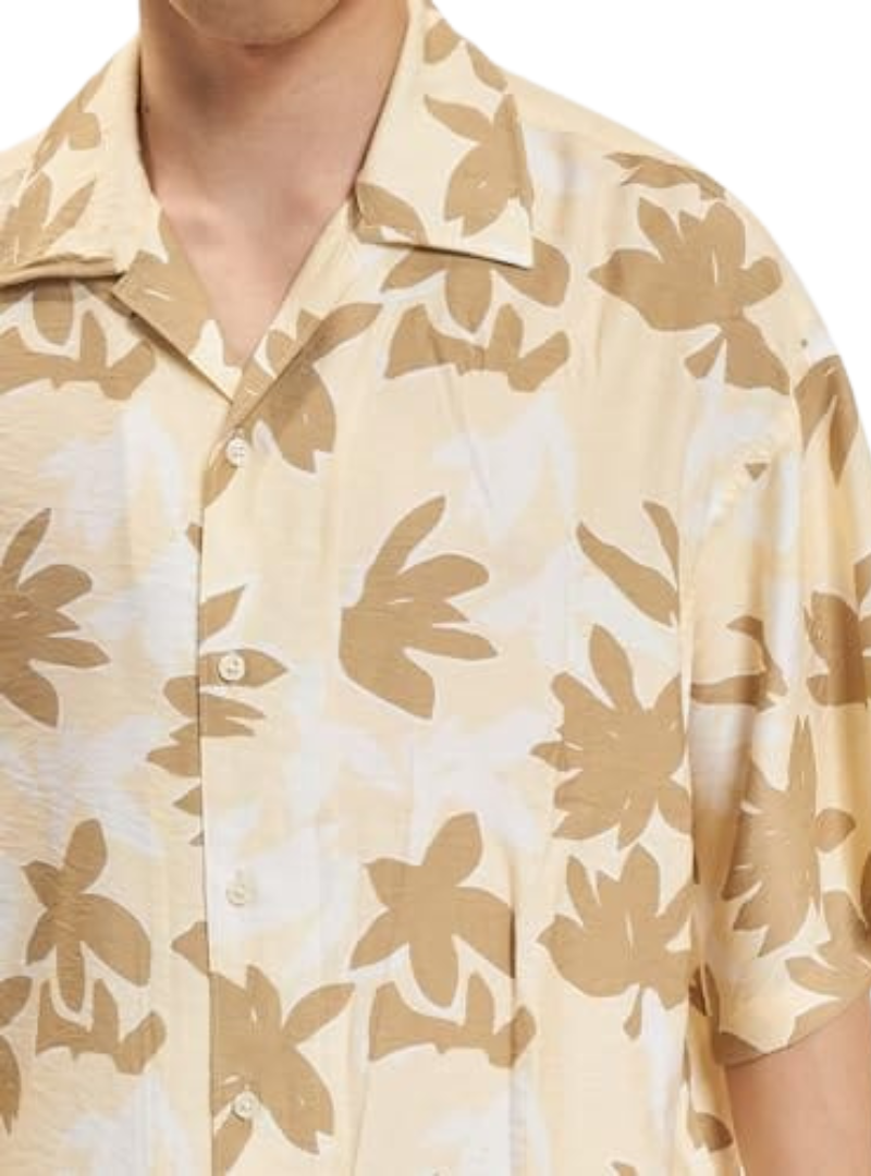 Jack & Jones Mens Linen Printed Shirt - Beige/Cream