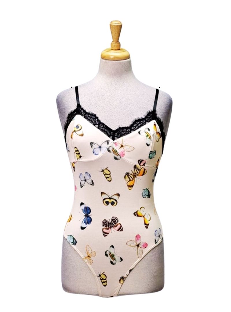 Miss Selfridge Ladies Butterfly Print Bodysuit - Black/Pink/Multicolor