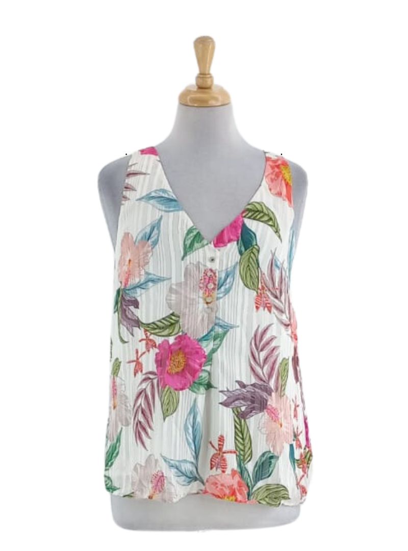 DETAILED FLORAL V-NECK SLEEVELESS BLOUSE