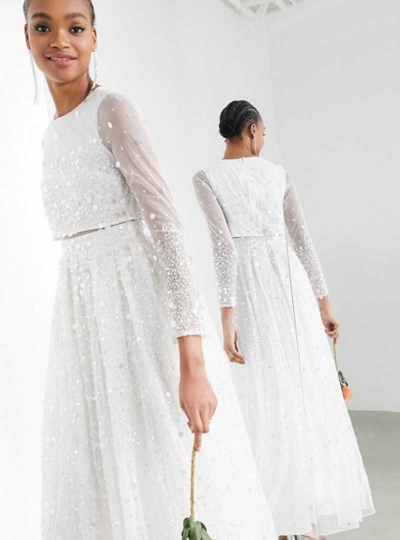 MARIE SCATTER SEQUIN CROP TOP WEDDING DRESS IVORY