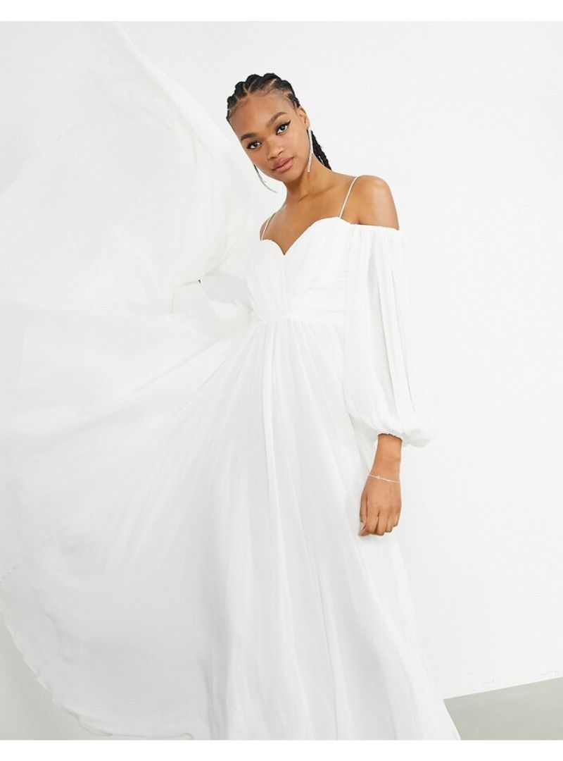 MAYA OFF SHOULDER BLOUSON SLEEVE CHIFFON WEDDING DRESS
