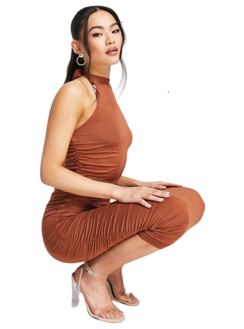 RUCHED RACER FRONT NECK MIDI DRESS