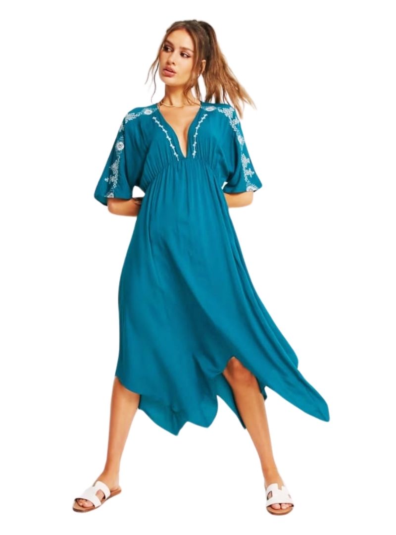 V NECK MIDI SMOCK DRESS