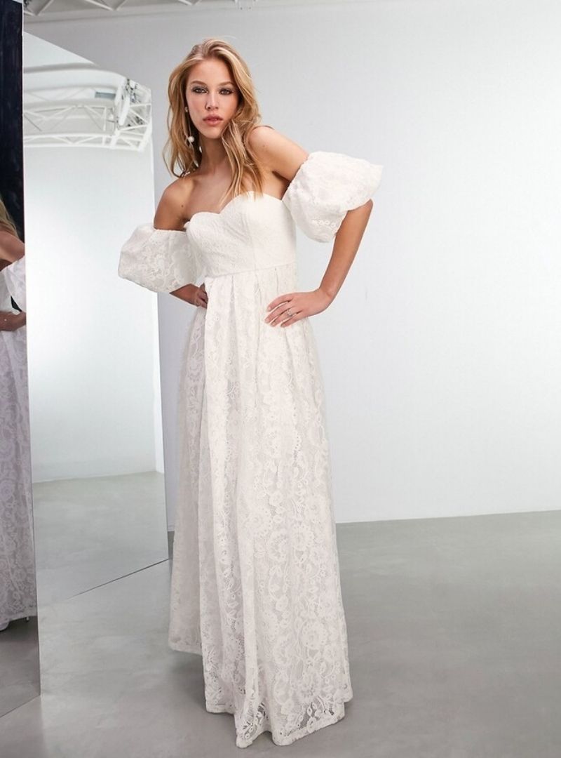 CORA LACE OFF SHOULDER WEDDING DRESS WITH PUFF SLEEVE